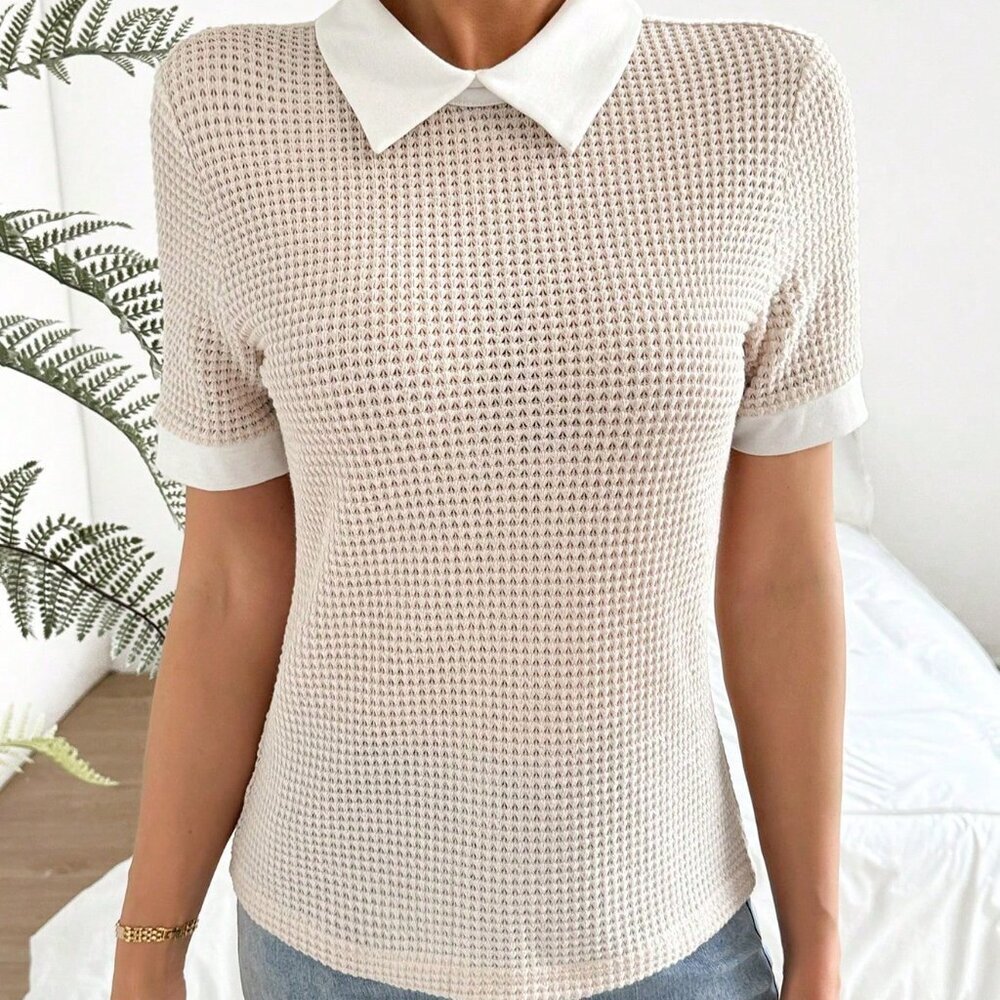 Apricot Casual Women's Contrast Color Turn-Down Collar Short Sleeve T-Shirt - Picture 5 of 8